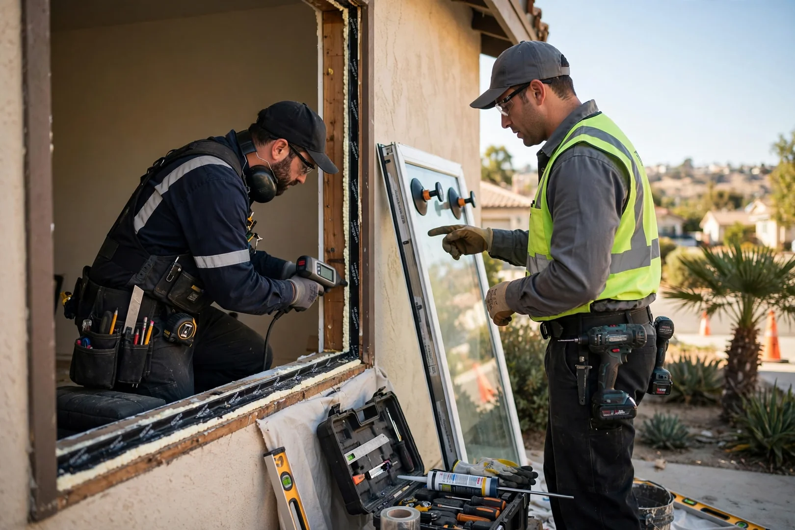 Installer setting a vinyl replacement window into a prepared frame opening on a local residential project
